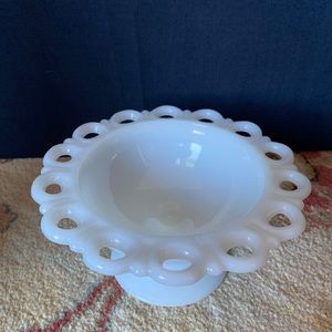 Vintage Lace Milk Glass Bowl Pedestal Farmhouse